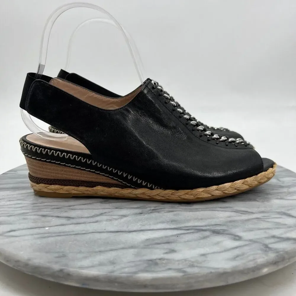 Stuart Weitzman Womens 7.5 Sandal Black Slingback Wedge Espadrille Chain Detail - Picture 2 of 14